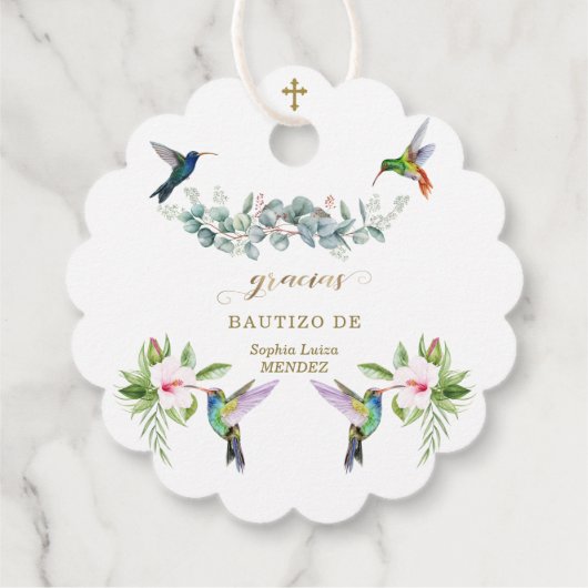 Étiquettes Cadeau Espagnol Hibiscus rose Fleurs Eucalyptus Bautizo (Dos)