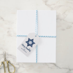 Étiquettes-cadeau Étoile de David Classic Blue Modern Happy Hanouk