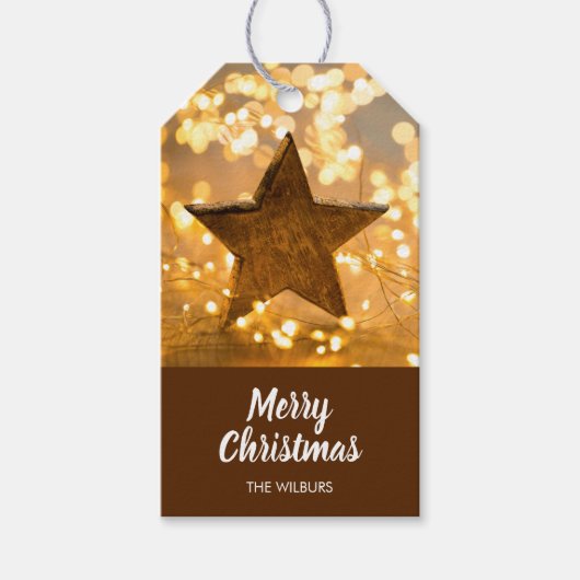 Étiquettes-cadeau Étoile rustique et lumières de Noël (Devant)