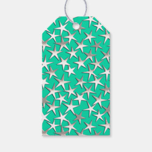 Étiquettes-cadeau étoiles d'argent sur turquoise
