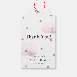 Étiquettes-cadeau Etoiles d'or et nuages roses Baby shower Merci