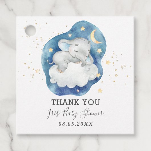 Étiquettes Cadeau Étoiles Eléphant couchant mou Baby Boy Merci (Devant)