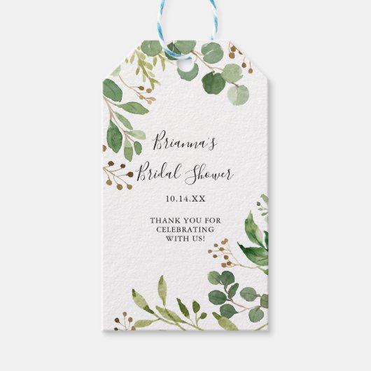 Étiquettes-cadeau Eucalyptus Brown simple Fête des mariées florale (Devant)