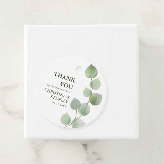 Étiquettes Cadeau Eucalyptus Chic Verdure & Merci Or (En situation)