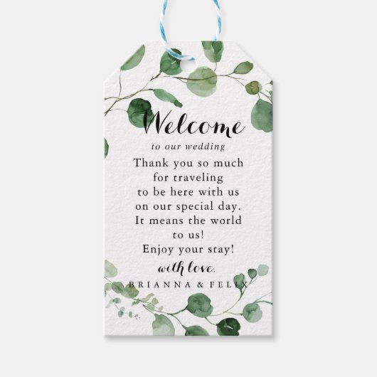 Étiquettes-cadeau Eucalyptus Moderne Calligraphie Mariage Bienvenue (Devant)