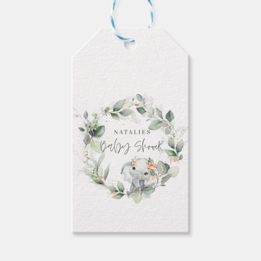 Étiquettes-cadeau eucalyptus sauge vert éléphant mignon shower de bé (Devant)