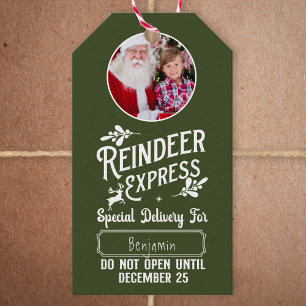 Étiquettes-cadeau Express de rennes de Père Noël Photo Green Christm