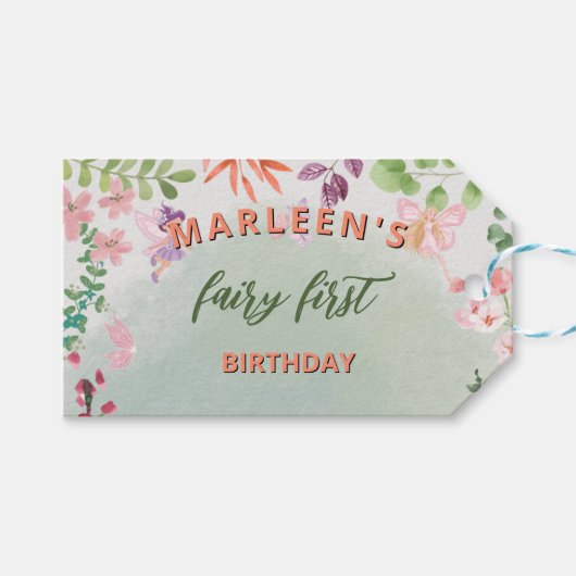 Étiquettes-cadeau Fairy First Birday Forest Aquarelle Champagne (Devant (Horizontal))