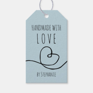 Étiquettes-cadeau Fait à la main avec amour Doodle Coeur Bleu pâle