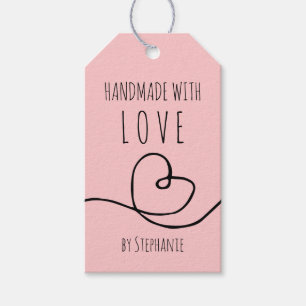Étiquettes-cadeau Fait à la main avec l'amour Doodle Coeur rose pâle