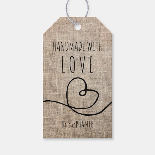 Étiquettes-cadeau Fait main avec amour Doodle Burlap rustique (Devant)