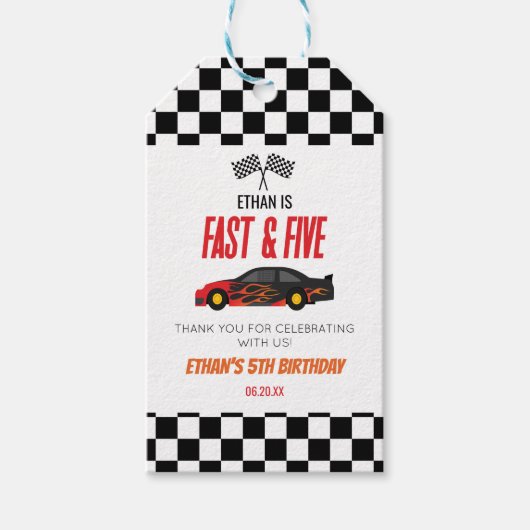 Étiquettes-cadeau Fast & Five Red Flame Race Car 5e fête d'anniversa (Devant)