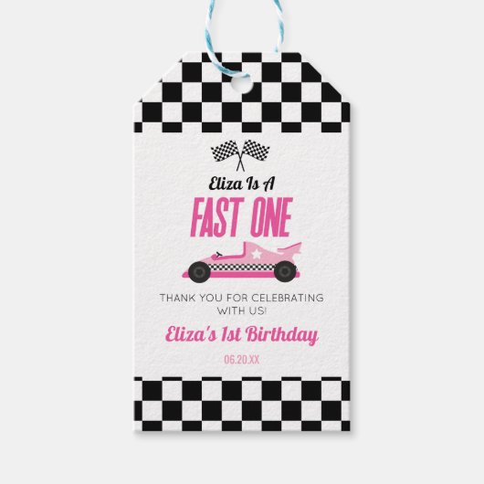 Étiquettes-cadeau Fast One Pink Race Car Premier Anniversaire (Devant)