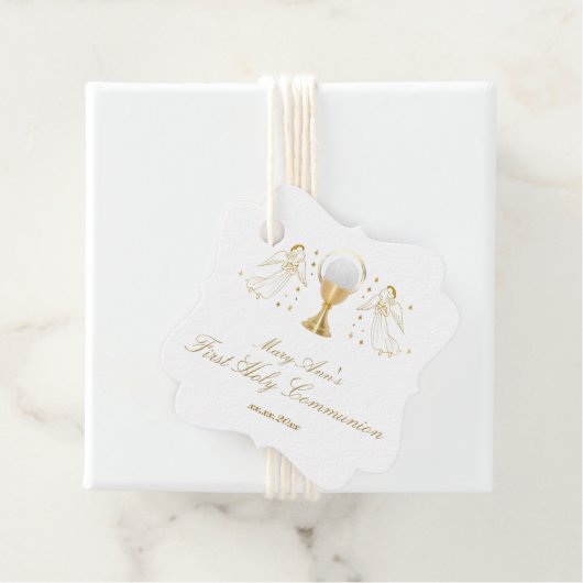 Étiquettes Cadeau fausse feuille d'or anges Première communion saint (En situation)