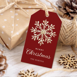 Étiquettes-cadeau Faux Gold Snowflon Rouge Custom Holiday