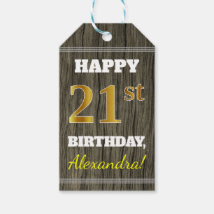 Étiquettes-cadeau Faux Wood, Faux Gold 21e anniversaire + Nom person