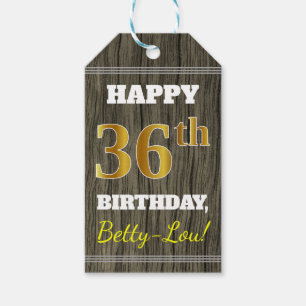 Étiquettes-cadeau Faux Wood, Faux Gold 36e anniversaire + Nom person