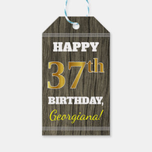 Étiquettes-cadeau Faux Wood, Faux Gold 37th Birthday + Custom Name