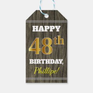 Étiquettes-cadeau Faux Wood, Faux Gold 48th Birthday + Custom Name