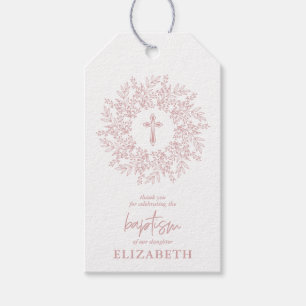 Étiquettes-cadeau Faveur de baptême élégante pour fille en croix ros