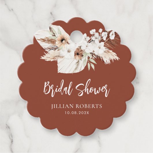 Étiquettes Cadeau faveur de boho terracotte fleurs blanches shower d (Devant)