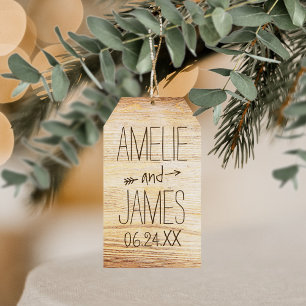 Étiquettes-cadeau Faveur de mariage à monogramme avec grain de bois