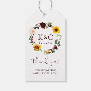Étiquettes-cadeau Faveur de mariage Tournesol et Roses de Bourgogne