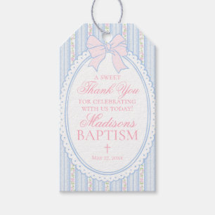Étiquettes-cadeau Favoris de baptême floraux fantaisie vintage bleu