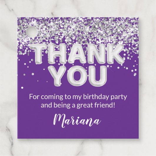 Étiquettes Cadeau Favoris du parti pourpre et argent (Devant)