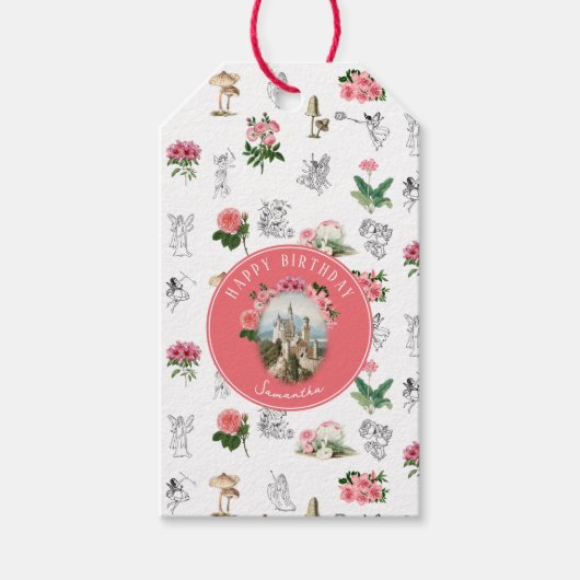 Étiquettes-cadeau Fées Château Fleurs Rose Anniversaire Fée des Cham (Devant)