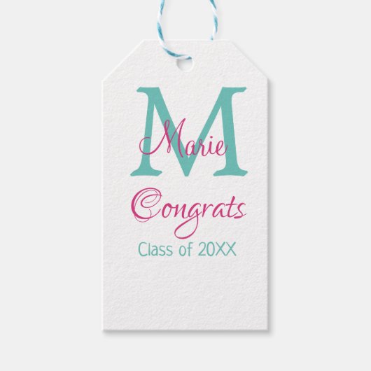 Étiquettes-cadeau Félicitations nom de diplômé monogramme vert rose (Devant)