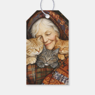 Étiquettes-cadeau Femme Âgée Embrasser Trois Chats Cosy