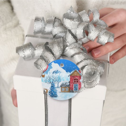 Étiquettes Cadeau Festif Arbre de Noël bleu Rouge Aquarelle Cadeaux