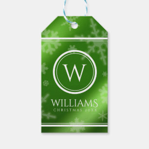 Étiquettes-cadeau Festif Green Foil Snowflakes Nom du monogramme