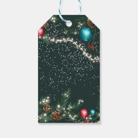 Étiquettes-cadeau Festif lumières de Noël branches de pin vert neige (Dos)