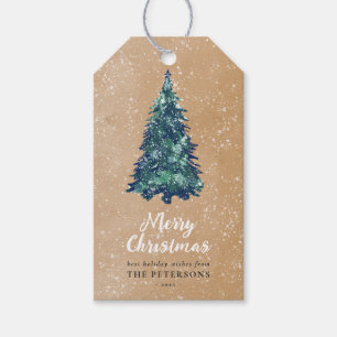 Étiquettes-cadeau Festif moderne Snowy Green Arbre de Noël Kraft