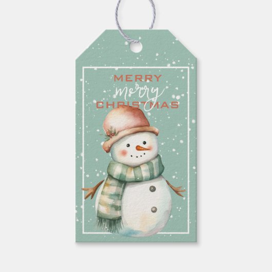 Étiquettes-cadeau Festif Snowman en Turquoise Scarf & Tan Casquette (Devant)