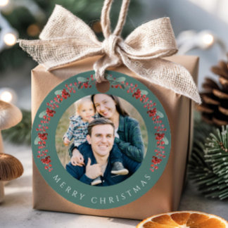 Étiquettes Cadeau Festive Botanical Wreath Photo Christmas