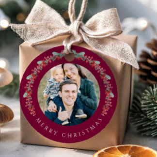 Étiquettes Cadeau Festive Botanical Wreath Photo Christmas
