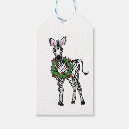 Étiquettes-cadeau Festive Fête Zebra illustration, Holly wreath (Devant)