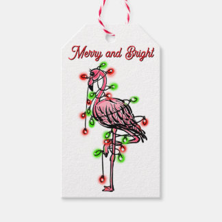 Étiquettes-cadeau Festive holiday Flamingo  red green Xmas lights