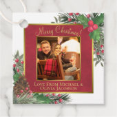 Étiquettes Cadeau Festive Holly & Pine avec photo Joyeux Noël (Devant)