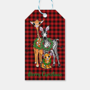 Étiquettes-cadeau Festive vacances safari amis, rouge noir plaid