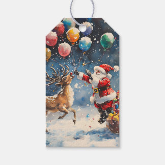 Étiquettes-cadeau Festive Watercolor Santa Reindeer Colorful Balloon