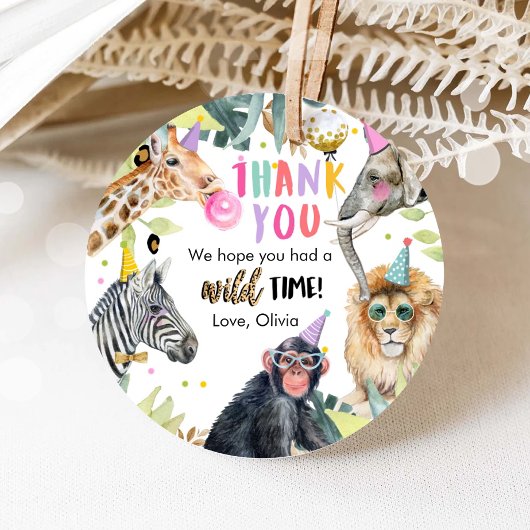 Étiquettes Cadeau Fête Animaux Safari Fille Merci rose Temps sauvage
