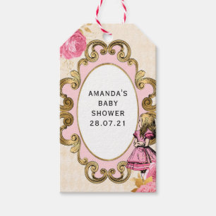 Étiquettes-cadeau Fête bébé Alice au pays des merveilles rose et or