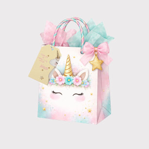 Étiquettes-cadeau Fête d'anniversaire fille Licorne Jaune & Rose
