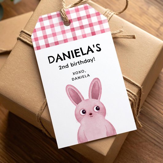 Étiquettes-cadeau Fête d'anniversaire rose pour les filles avec lapi