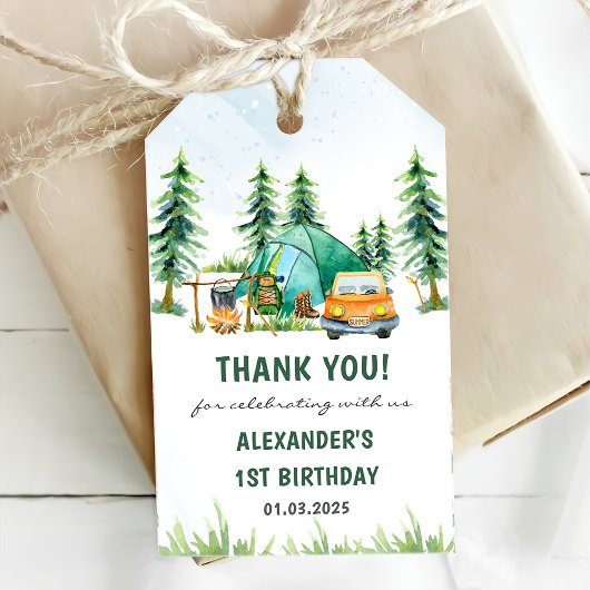 Étiquettes-cadeau Fête d'anniversaire rustique de Camping Mountain