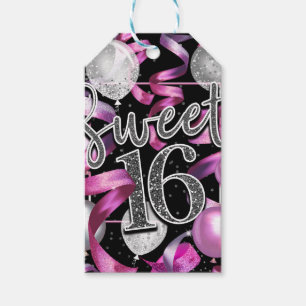Étiquettes-cadeau Fête d'anniversaire Sweet 16 Pailleté Argent Noir
